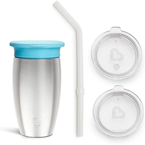 Munchkin Sippy Cup for Toddlers, Miracle 360 Stainless Steel with Straw Cup and Open Sipper Lid Grow with Me Kit, 10 Ounce, Blue