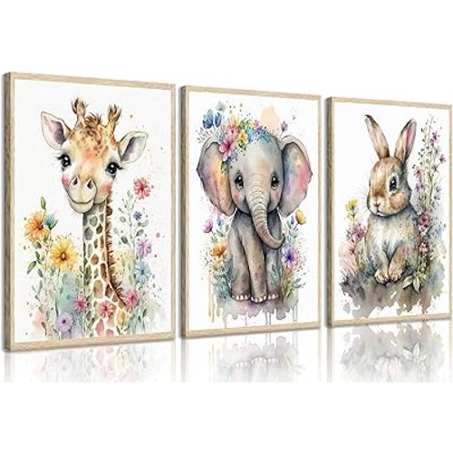3Pcs Baby Watercolor Safari Animals Nursery Canvas Wall Art Cute Jungle Animals with Wildflower Picture Posters Wall Decor Giraffe Elephant Rabbit Painting Print Artwork for Kids Children Room 12x16in