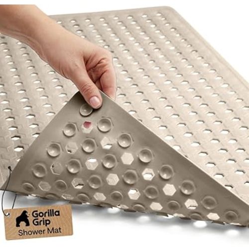 GORILLA GRIP Patented Bath Tub Shower Mat, Machine Washable Bathtub Floor Liner Mats, Suction Cups and Drain Holes to Keep Tubs Clean, Soft on Feet, Bathroom Essentials, 35x16 Inch, Beige