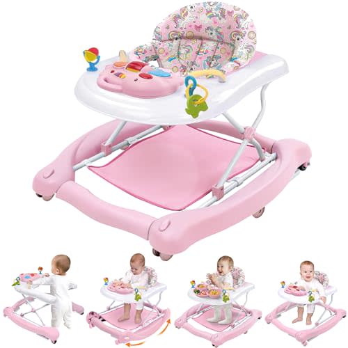 Foldable Baby 5-in-1 Activity Walker - Rocker, Activity Center, Bouncer, Seat Walker, Push Walker - Adjustable Speed Rear Wheels and Height Toys Ages 6-18 Months… (Pink)
