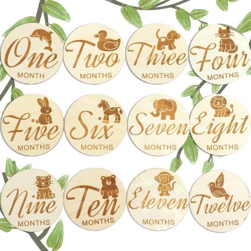 Wooden Baby Monthly Milestones for Newborn Baby,1-12 Months Baby Announcement Discs, Pregnancy Baby Shower Gifts (12 pcs Single-Sided Fonts & Animals)