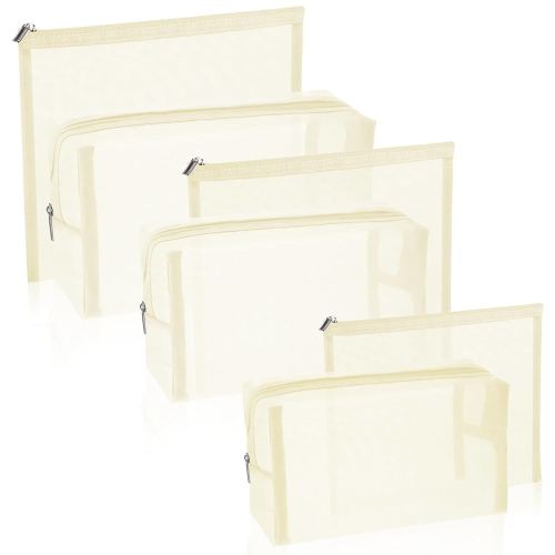 Boao 6 Pieces Mesh Makeup Bags Mesh Cosmetic Bag Portable Travel Organizing Zipper Pouch Toiletries Makeup Pouches for Home Office Travel Accessories (Beige)