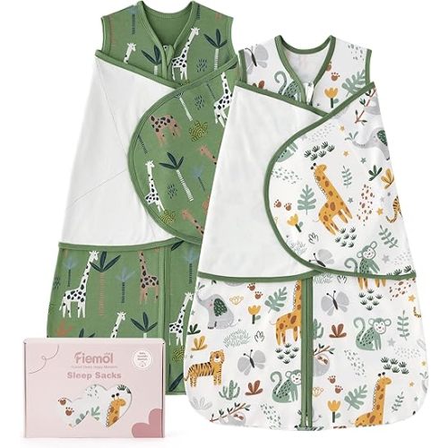 FIEMOL Baby Swaddle Sleep Sack 0-3 Months, Cotton Swaddles for Newborns Boys Girls, 2-Way Zipper Transitional Infant Wearable Swaddling Blanket with Quiet Closure, 0.5 TOG 2 Pack Soft Green Giraffe