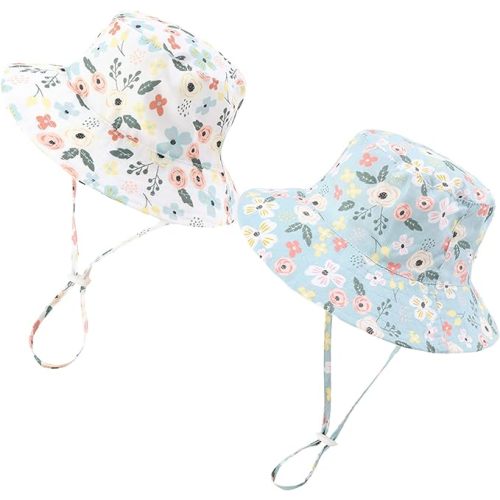 Baby Girl Sun Hat Summer Beach Hats with UPF 50+ Toddler Infant with Wide Brim Strap Outdoor Bucket Hat - 2 Pack Greden Blue & White
