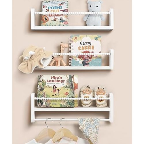 Nursery Book Shelves for Wall Set of 3, White Natural Wood Bookshelf Wall Decor, Small Floating Shelf Organizer for Kids Room, Bedroom, Kitchen Spice Rack