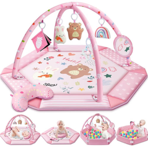Baby Gym Play Mat, 8-in-1 Tummy Time Mat & Ball Pit with 6 Toys, Washable Baby Activity Mat for Visual, Hearing, Sensory, Motor Development, Baby Gift for Newborn Infant 0-3-6-9-12 Months (Pink)