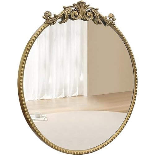 Round Mirror, 24''Baroque Style Circle Mirror Vintage Gold Metal Frame Wall Mirrors for Vanity, Bathroom or Bedroom