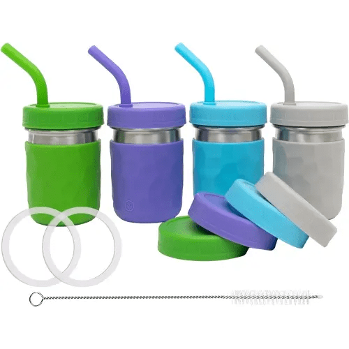 WeeSprout 2-in-1 Drinking Cups for Kids, Durable Stainless Steel Tumbler for Smoothies, Silicone Straws with Stoppers, Premium Plastic Twist Lids, Easy-Grip Sleeves, Set of 4 Dishwasher Safe Kid Cups