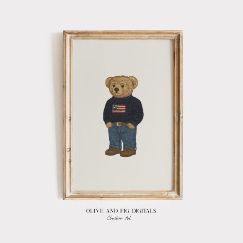 Vintage Teddy Bear Art Print: Preppy Nursery Decor (Digital Download)