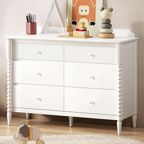 6 Drawer Dresser, Baby Dresser with Storage, Wide Chest of Drawers for Nursery, TV Stand with Metal Handles, Wood Large Drawer Organizer for Bedroom, Living Room, Hallway, White