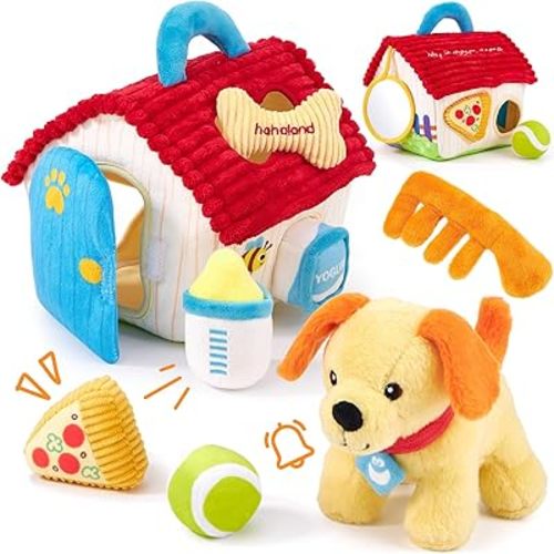 hahaland Baby Toys for 1 Year Old – Montessori Puppy Plush Sensory Toy Set with Rattle, Crinkle, Mirror & Shape Sorter – Interactive Learning Gift for Baby 6 12 18M+ Toddlers Ages 1-3