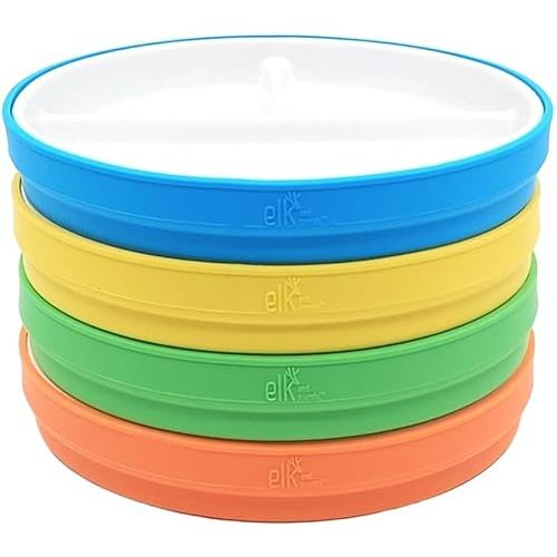 Elk and Friends Kids 7.8” Porcelain White Plates with Silicone Sleeves | Divided Plates | Suitable for Kids/Toddlers | Microwave & Dishwasher Safe | Non Slip | Snack Dishes…