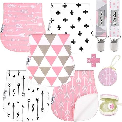 Baby Burp Cloths Pack of 5 by Dodo Babies + 2 Pacifier Clips + Pacifier Case Premium Quality for Girls Soft and Absorbent Excellent Baby Shower/Registry Gift