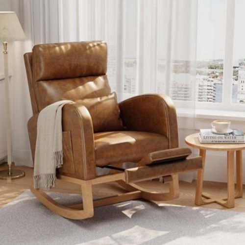 Modern Fabric Nursery Rocking Chair with Side Pockets and Pillow - Glider Accent Chair for Living Room Bedroom - Orange+Pu Leather With Footrest