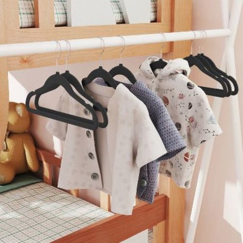LEDREM Baby Hangers 50 Pack, Kids Hangers for Closet, 11.8 x 8.1 Inches, Silver 360° Swivel Hooks, Space-Saving Clothes Hangers, Black