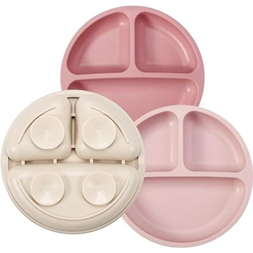 PandaEar 3 Pack Toddler Plates, Silicone Divided Suction Plate for Babies, BPA-Free 100% Food-Grade Silicone Unbreakable Baby Plate (Pink/Linen/Light Pink)