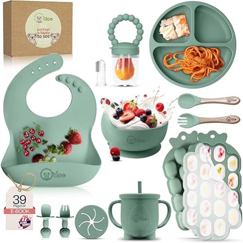 O'doe Baby Weaning Set – 15 Pcs Silicone Baby Feeding Set with Suction Plate, Bowl, Bib, Sippy Cup, Fruit Feeder, Freezer Tray