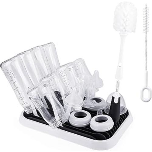 Baby Bottle Drying Rack with Brush, Large Capacity Bottle Drying Rack Tray Bottle Cleaning Brush Set with Baby Bottle Brush Nipple Brush, Straw and Bottle Cleaner Brush Set for Bottles, Teats, Pump