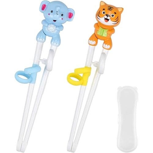 Quimoy 2 Pairs Kids Chopsticks, Training Chopsticks for Kids, Cute Animal Cartoon Design Chopsticks for Learning and Training -Yellow Tiger & Blue Elephant