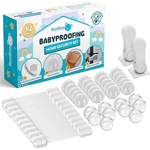 Booboo (42 Pack) Child Safety Baby Proofing Kit | x10 Cabinet Drawer Locks, x10 Corner Guards, x20 Outlet Covers, x2 Door Lever Lock | Baby Proof Your Home & Kitchen with No Trapped Fingers
