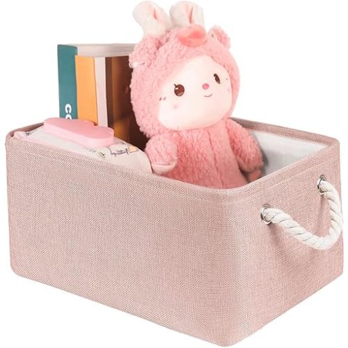 Storage Bins with Sturdy Cotton Handles(1 Pack), Fabric Storage Baskets for Organizing use for Office & Home, Book, Clothes, Toys, Closet Boxes (Medium, Pink, 14.2x10.2x7.1 inches)