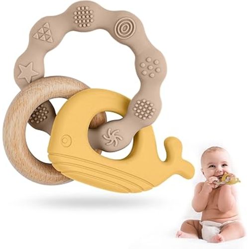 Vicloon Baby Teether Toys, Silicone & Natural Wood Teether Ring, Baby Teething Toys for Babies 0 Months+, Silicone Chewable Rings for Newborn Gift(Yellow)