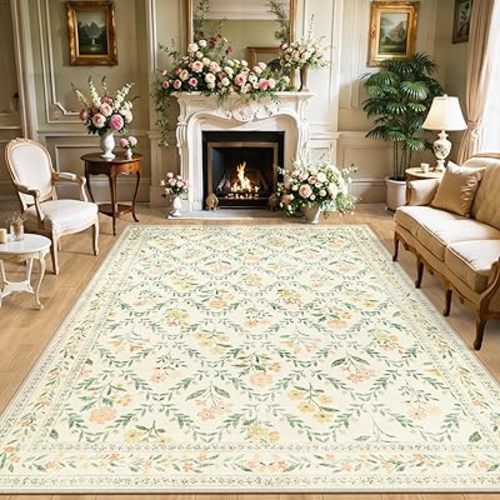 8x10 Area Rugs for Living Room: Floral Washable Rug Vintage Large Soft Boho Non-Slip Carpet Indoor Floor Stain Resistant Carpets for Bedroom Dining Room Farmhouse Nursery Home Office Beige/Multi