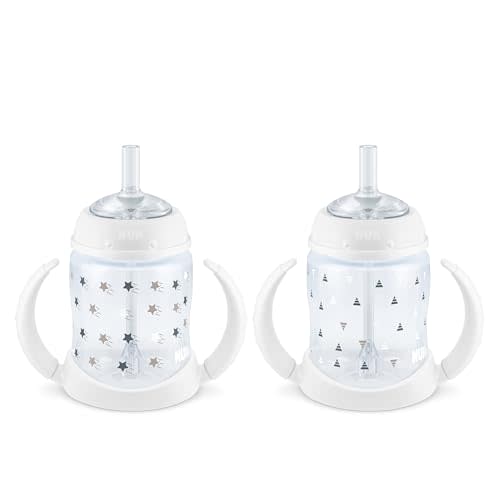 NUK Learner Straw Cup, 6+ Months, 5oz, 2-Pack, Amazon Exclusive Timeless | Soft Silicone Weighted Straw, Easy Drinking at Any Angle, Easy-Grip Handles, Spill & Leak Proof, BPA-Free, Dishwasher Safe