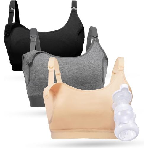 Momcozy Pumping Bra Hands Free, Pumping and Nursing Bra in One Holding Breast Pump for Spectra, Lansinoh, Medela, Black,Grey,skin-3pk, X-Large