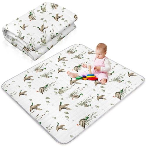 Funtery 43 x 43 Inch Mallard Duck Baby Playmat Portable Crawling Washable Foldable Tummy Time Non Slip Baby Floor Large Playpen Mat for Infants Toddlers Floor Playpen Activity