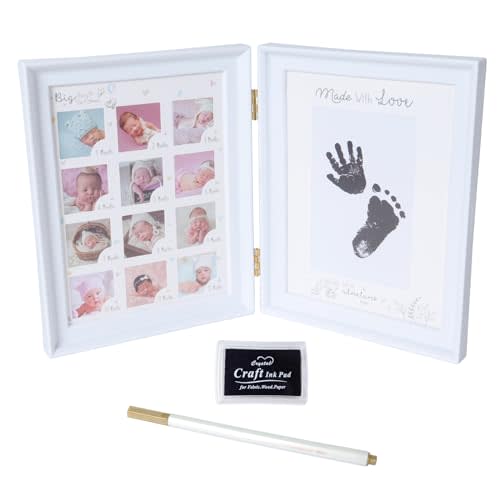 RECUTMS Baby Keepsake Frame, Baby Hand and Footprint Baby's First Year Nursery Photo Picture Frame Kit with Ink Pad and Pen, Anniversary Growth Record for Mom/Newborn for Baby Shower (White)