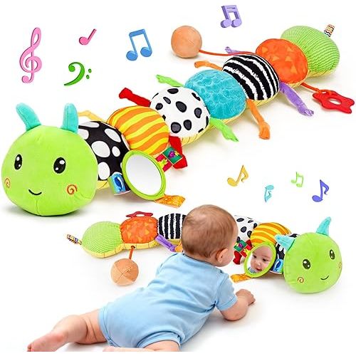 Baby Sensory Toy 0-6 Month Music Animal Stuffed Plush Caterpillar Toy for Infant 0-3-6-12 Month Old Tummy Time with Baby Mirror Crinkle Rattle Carseat Toys for Newborn Boys Girl Shower