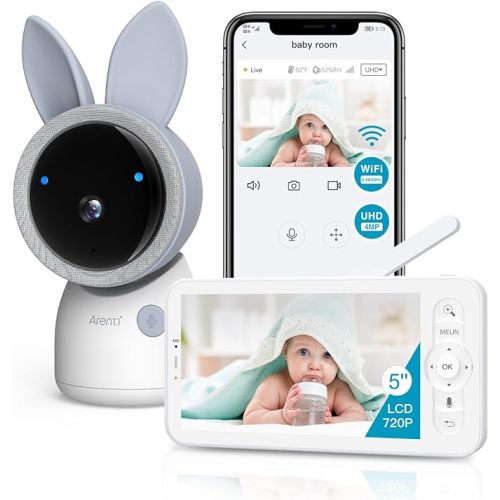 ARENTI Upgraded Smart Baby Monitor,4MP 5" HD 2.4G&5G WiFi Baby Monitor with Camera and Audio,Infrared Night Vision,Night Light, 2-Way Audio,Cry&Motion Detection,Temperature Sensor,App Control - 5G 1CAM