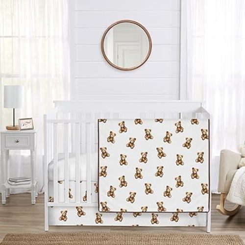 Sweet Jojo Designs 3-Piece Baby Crib Bedding Set (Boho Teddy Bear) for Boys or Girls, Infants/Nursery incl. Blanket, Fitted Sheet and Skirt (Soft Brown Bears, Watercolor, Classic, Wholesome Aesthetic)
