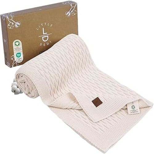 100% Organic Cotton Baby Knitted Blanket with Gift Box - Soft Toddler, Crib, Stroller Blanket - Neutral Swaddle and Receiving Blanket for Newborns, 30"x40", Earth Ivory