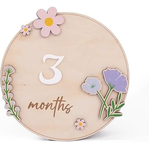 Wooden 3D Baby Monthly Milestone Cards Monthly Milestone Discs Newborn Photography Props Baby Announcement Sign Baby (Flower)