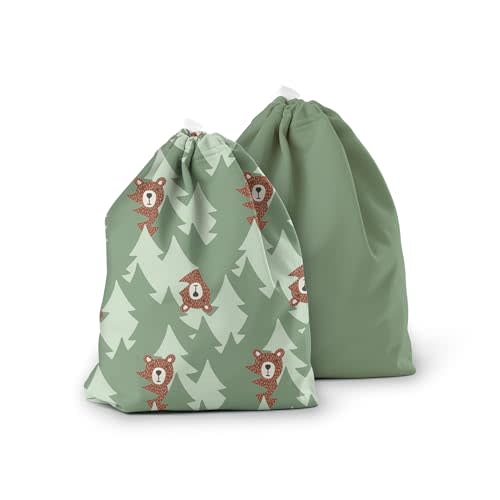 Esembly Ditty Bag Duo, Waterproof Wet Dry Bags for Cloth Diapers, Messy Baby Accessories, Swimsuits, Gym Clothes, Toiletries and Snacks - Peek-a-Bear and Aloe (Pack of 2)