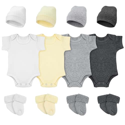 Glitopper 4 Pack Preemie Layette Set Premature Baby Bodysuit Preemie Clothes Hat Bodysuit Socks Set for NICU Newborns