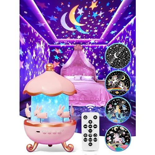 Carousel Night Light for Kids, 10 Music+15 Films+315 Colors Star Projector for Kids Night Light Projector,360°+Remote+1200mah Star Lights for Ceiling, Princess Toys Unicorn Toys for Girls Room Decor
