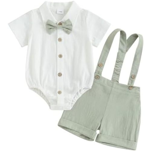 Honganda Baby Boys Gentleman Outfits Bow Tie Short Sleeve Button Up Romper + Overall Shorts Infant Wedding Cake Smash Clothes