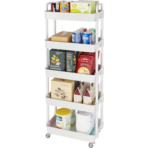 Laiensia 5-Tier Storage Cart,Multifunction Utility Rolling Cart Kitchen Storage Organizer,Mobile Shelving Unit Cart with Lockable Wheels for Bathroom,Laundry,with Classified Stickers,White