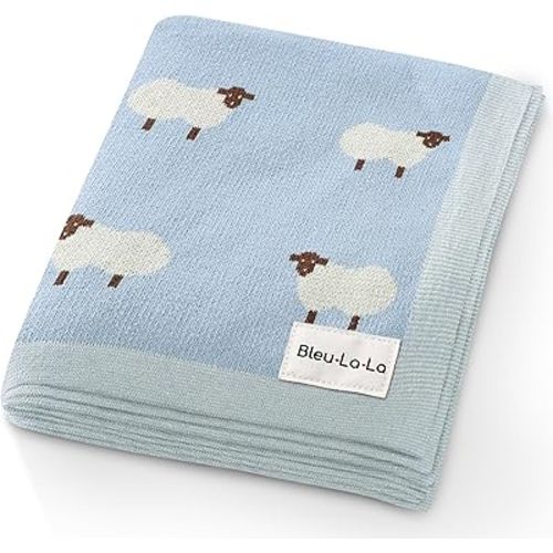 Knit Baby Swaddle Blanket for Boys - 100% Cotton Soft Cozy Lightweight Receiving Swaddling Crib Stroller Quilt Blanket for Newborns Infants Toddlers (Sheep - Baby Blue)