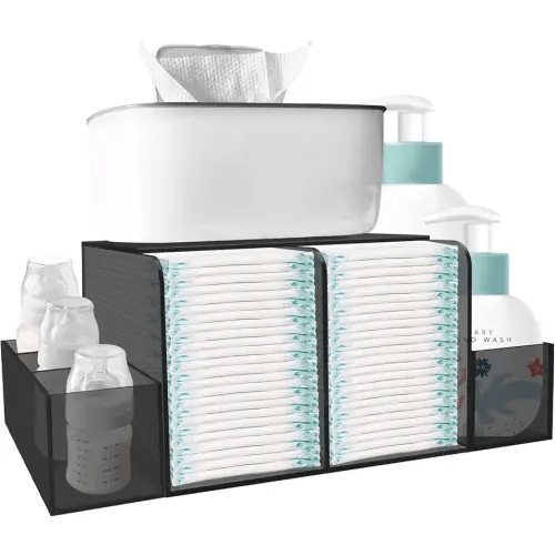 Acrylic Diaper Caddy Organizer for Changing Table, Detachable Clear Diaper Storage for Baby Wipe Dispenser, Wipe Warmer and other Diapering Essentials, Black