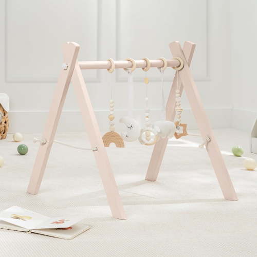 Comfy Cubs Baby Play Gym Set, Wooden Hanging Bar with Gym Toys, Foldable for Infants, Blush