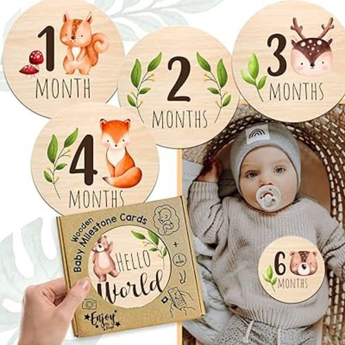 Wooden Baby Monthly Milestone Cards Woodland Themed, Pregnancy and Baby Shower Gifts for Boys and Girls, Newborn Photography Props