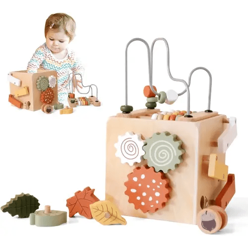 ibwaae 5 in 1 Wooden Activity Cube Play Center Bead Maze Leaves Shape Sorter Learning Montessori Toys for Toddlers 1-3 Early Educational Developmental Learning Toys for Kids