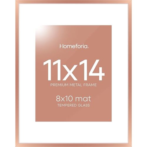 Homeforia 11x14 Picture Frame Rose Gold, High End Metal 11x14 Wall Hanging Frame with Mat 8x10, 11 x 14 Poster Frame Matted to 8 x 10 inch Photo, 11by14 Thin Frames, Tempered Glass, Wall Kit, Set of 1