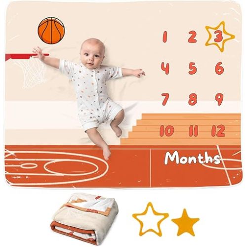 Basketball Baby Monthly Blanket for Boys, Sport Newborn Month Blanket, Soft Flannel Photography Background Prop, Personalized Shower Gift, Basketball