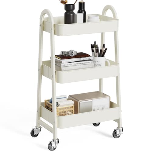 OLIXIS 3 Tier Utility Rolling Cart, Metal Mobile Storage Shelf with Lockable Caster Wheels, Organization for Livingroom, Bathroom, Kitchen, & Narrow Places, White