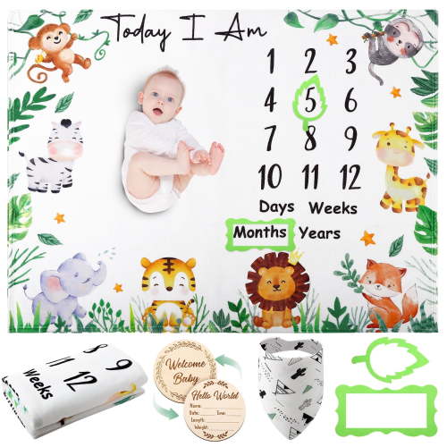KABOER Milestone Blanket for Baby Boy, 60"x40" Animals Monthly Milestone Blanket, Baby Month Blanket, Newborn Photography Background with Wooden Signs, Frames, Bandana